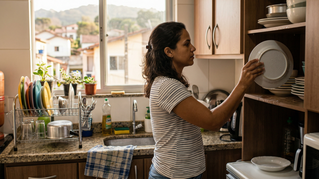 Usar pano ou deixar secar sozinho? O detalhe que realmente importa na hora de guardar a louça limpa