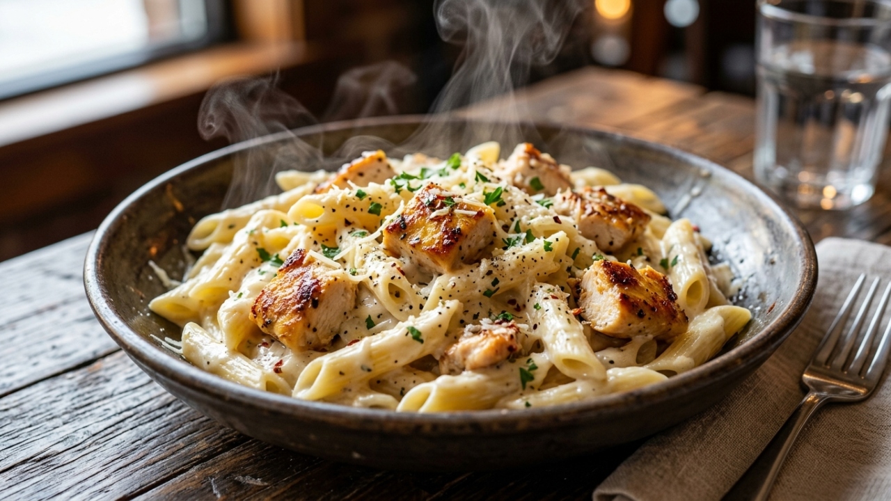 Esse macarrão com frango e molho branco fica cremoso na medida, perfeito para servir ainda bem quentinho