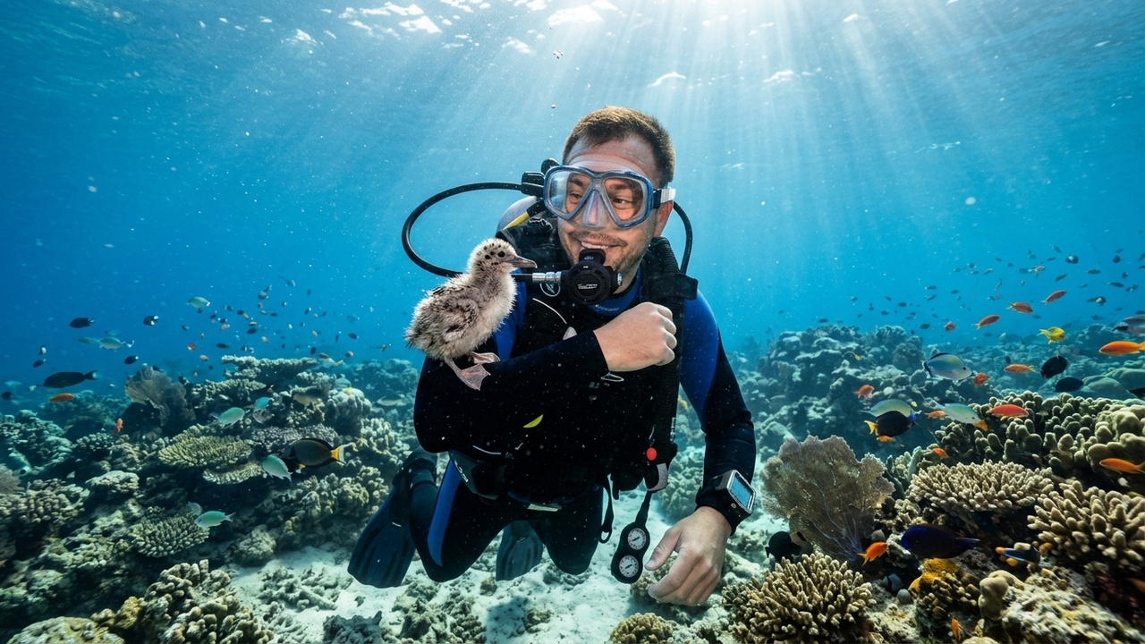 Mergulhador vive momento raro ao ser “abraçado” por filhote de pássaro