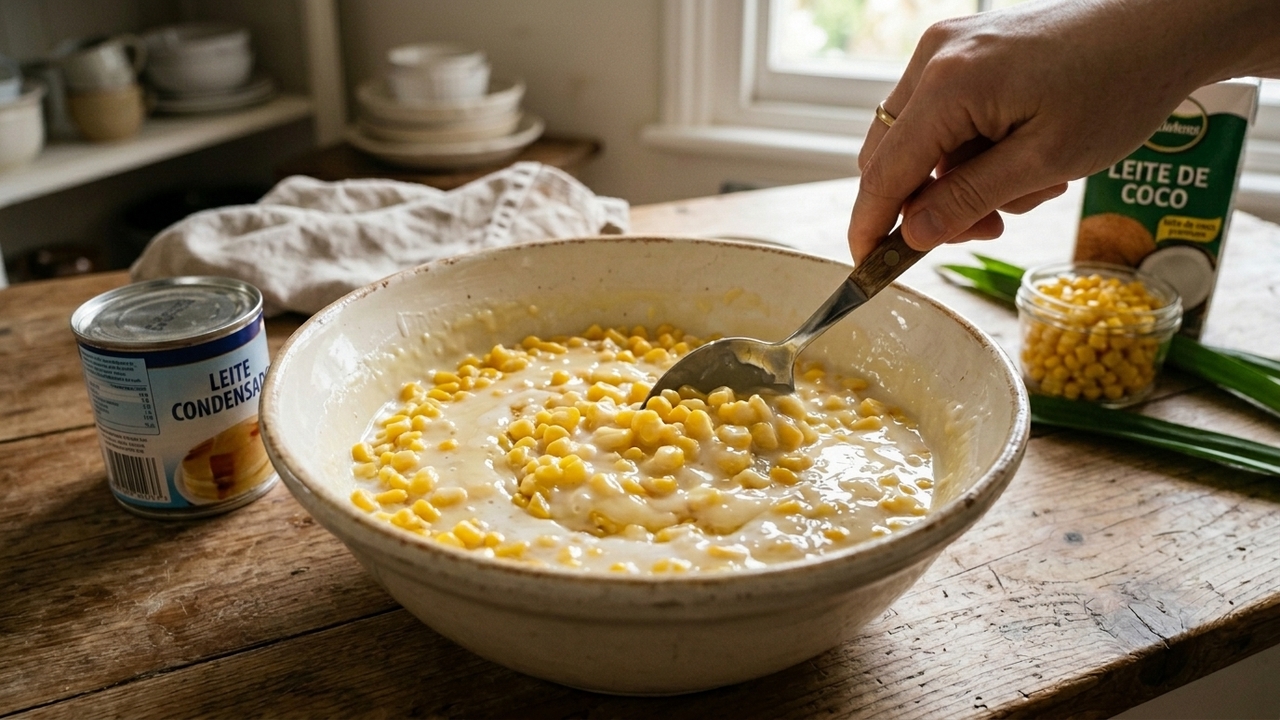 Misture milho verde, leite de coco e leite condensado e faça um curau cremoso para servir bem gelado