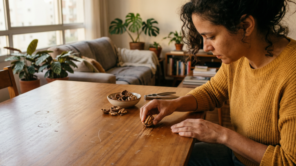 Passar noz em risco de móvel de madeira parece estranho, mas o efeito faz sentido em alguns casos