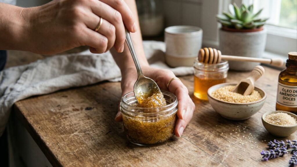 Você pode fazer este esfoliante labial para lábios secos em casa com 4 ingredientes