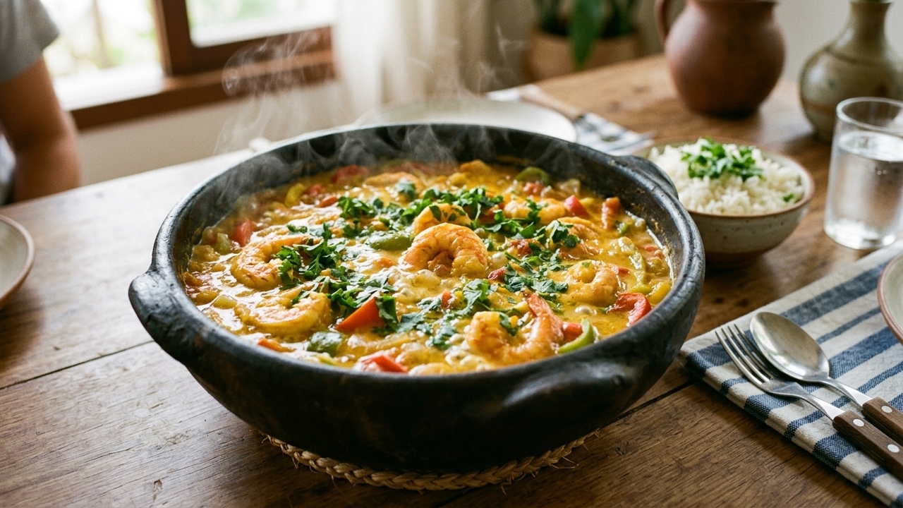 Juntando camarão, leite de coco e coentro, você faz uma moqueca cremosa para servir bem quente