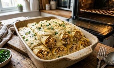 O segredo da panqueca de frango desfiado mais cremosa está no recheio bem feito e na montagem antes do forno