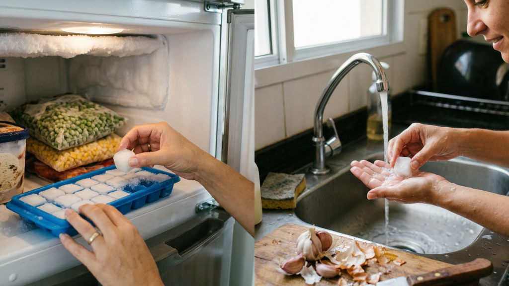 Por que alguém colocaria pasta de dente no congelador?
O principal motivo é a praticidade. Quando a pasta de dente no congelador vira pequenos cubos, ela deixa de sair em excesso da embalagem e passa a ser usada em doses mais controladas. Isso ajuda bastante em tarefas rápidas, quando a ideia não é espalhar produto demais, mas aplicar só o necessário.
Outro ponto interessante é a textura. Depois de congelada, ela fica mais firme e fácil de manusear. Isso torna o uso mais limpo, mais preciso e bem menos bagunçado, especialmente em situações em que o objetivo é fazer uma dica de limpeza com pasta de dente sem desperdiçar produto na pia ou nas mãos.
Como a pasta de dente congelada pode ajudar na cozinha?
Na cozinha, o uso mais lembrado está ligado aos cheiros fortes. Depois de cortar cebola, alho, peixe ou outros alimentos marcantes, as mãos nem sempre ficam realmente livres do odor, mesmo após a lavagem comum. É aí que entra a ideia de usar pasta de dente para tirar cheiro das mãos de forma rápida e pontual.
Com um cubinho já pronto, basta esfregar o produto nas mãos com água morna e enxaguar logo em seguida. A sensação costuma ser mais refrescante, e esse truque para cheiro de alho nas mãos chama atenção justamente por usar algo que muita gente já tem em casa, sem exigir produto extra.