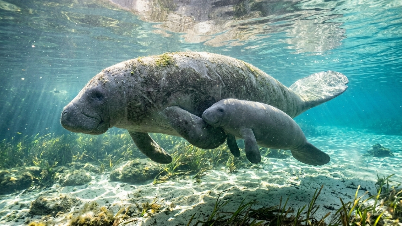 Câmera registra momento emocionante entre mãe e filhote de peixe-boi
