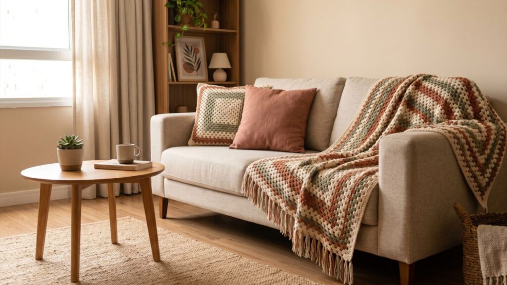 A manta de crochê para sofá que deixa a sala mais aconchegante em poucos minutos