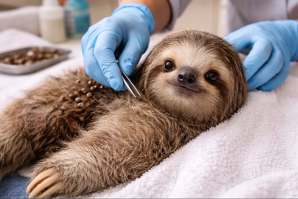 Veja o alívio no rosto desta preguiça depois que 40 carrapatos foram removidos do seu corpo