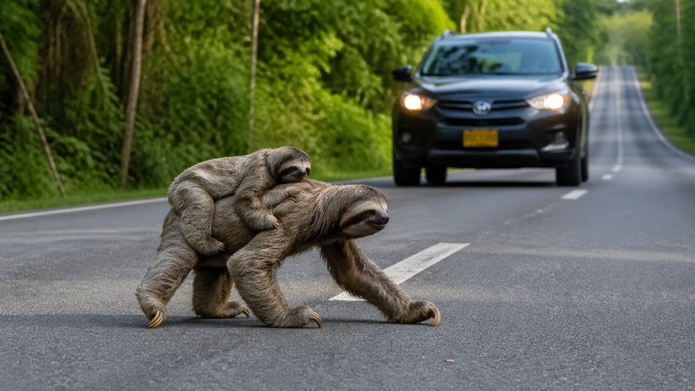 Família para carro para ajudar preguiça e percebe que ela não está sozinha