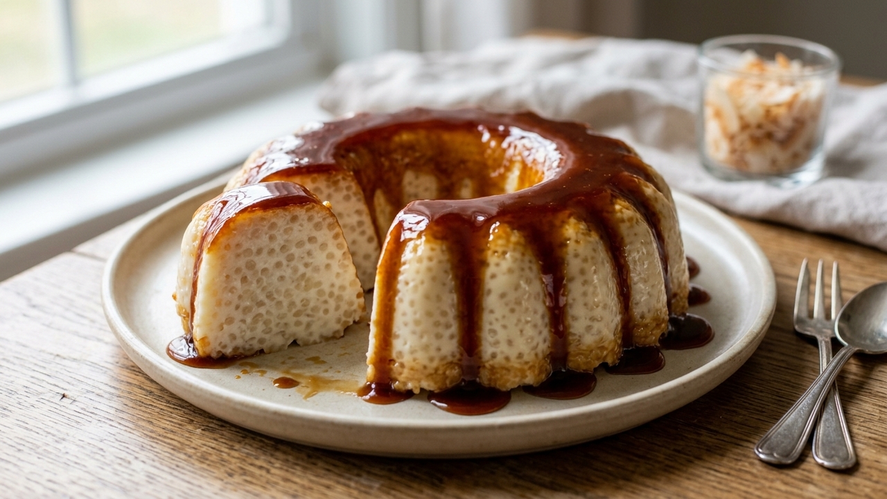 Misture tapioca granulada, leite de coco e leite condensado e faça um pudim perfeito em casa