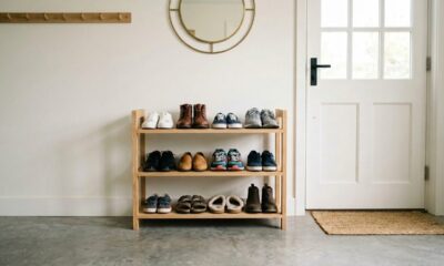 Essa sapateira simples de madeira organiza os sapatos e melhora a entrada sem pesar no ambiente