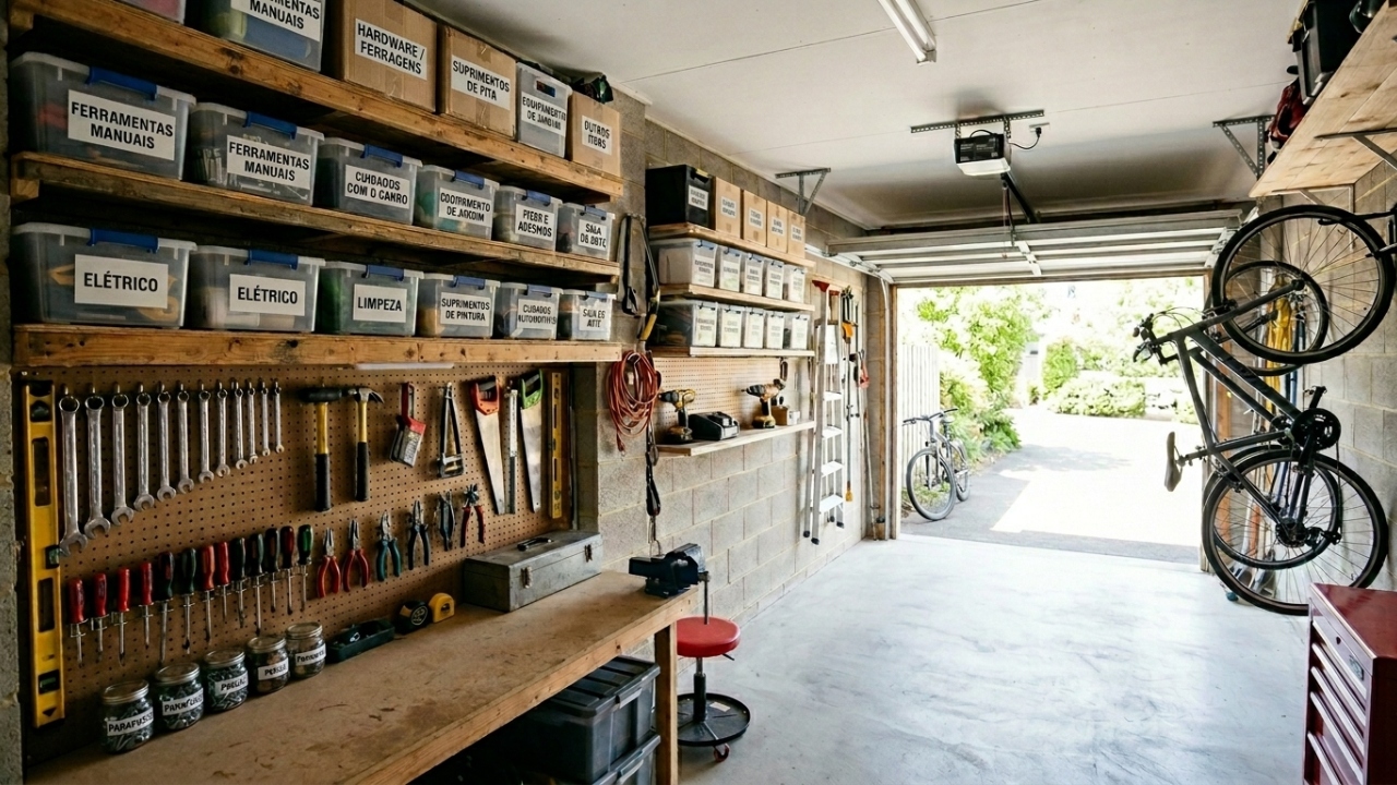 Garagem pequena pode ficar mais funcional com prateleiras, ganchos e caixas organizadoras