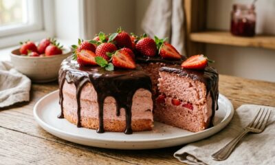 Preparei esse bolo de morango com chocolate para o café da tarde e a massa fofinha com ganache fez sucesso