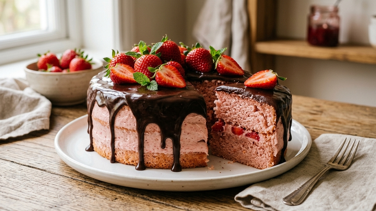 Preparei esse bolo de morango com chocolate para o café da tarde e a massa fofinha com ganache fez sucesso