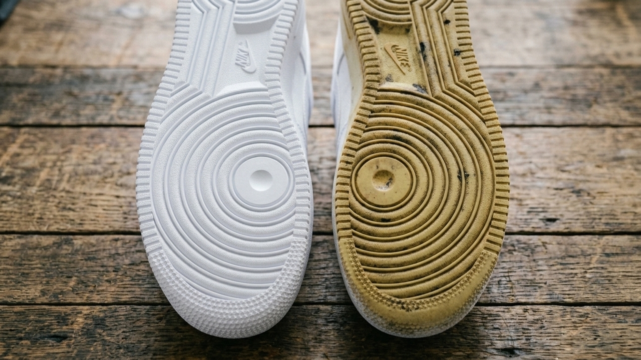 Apenas 3 gotas no algodão e a sola amarelada do tênis volta a parecer quase nova sem gastar quase nada