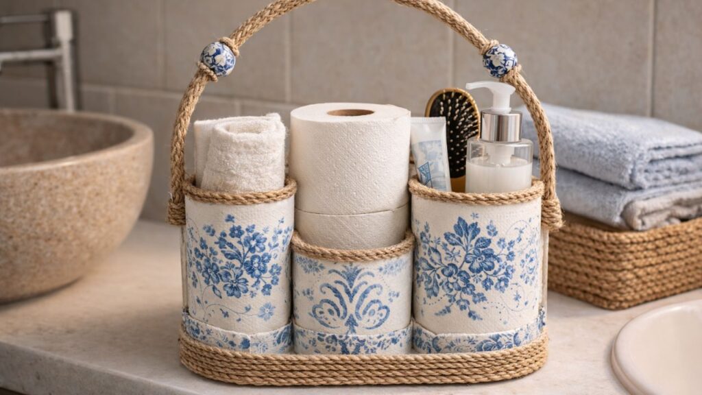 O que parecia lixo virou um organizador artesanal que deixou o banheiro muito mais bonito