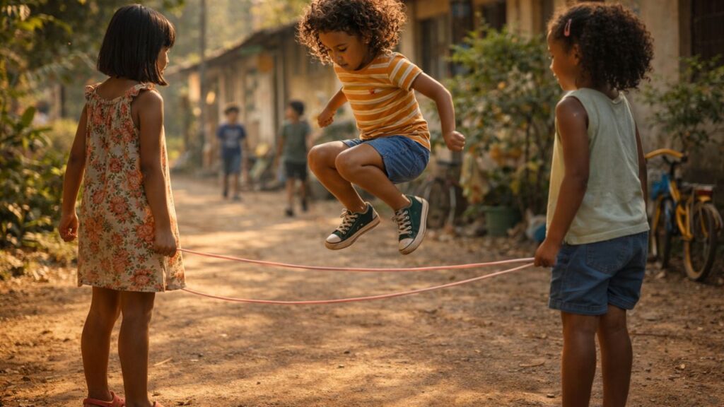 Brincar de elástico era daquelas coisas simples que prendiam a atenção por horas