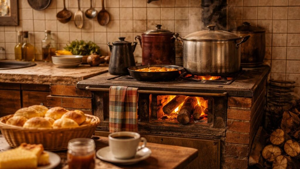 O fogão a lenha era daquelas presenças simples que mudavam o clima da casa inteira