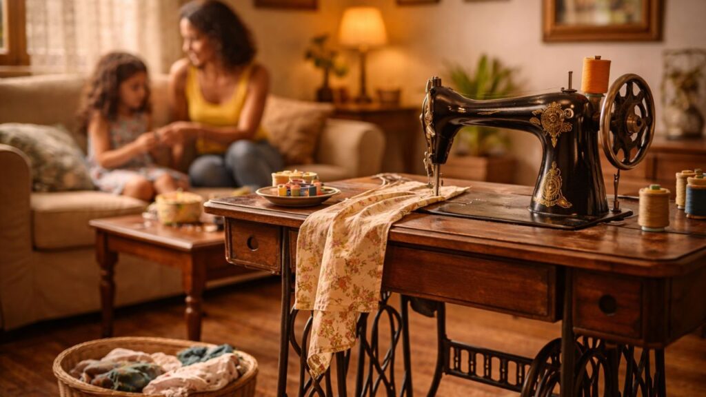 A máquina de costura na sala era comum e fazia parte da casa de muita gente