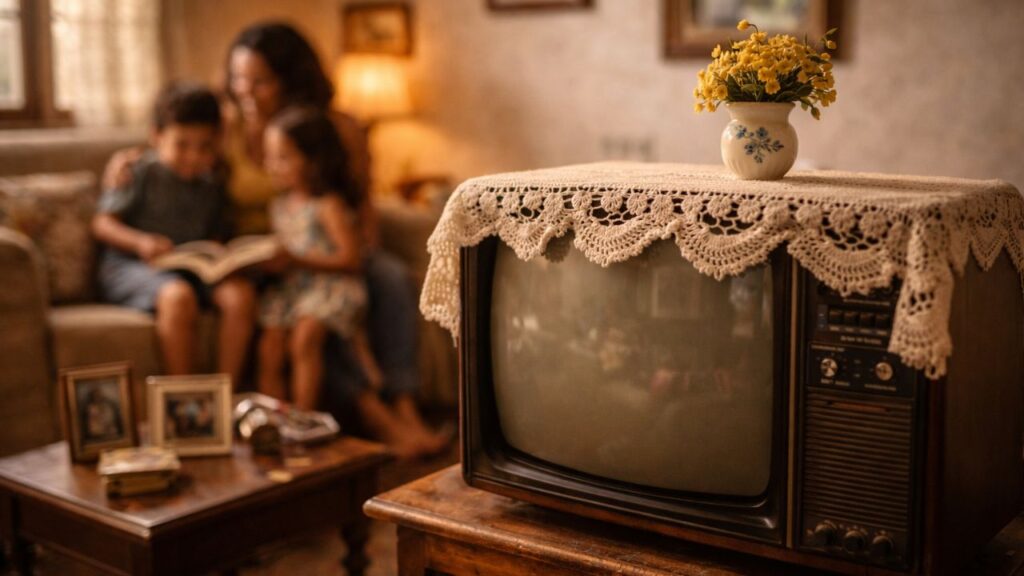 A toalhinha sobre a televisão era daquelas coisas simples que toda casa parecia ter