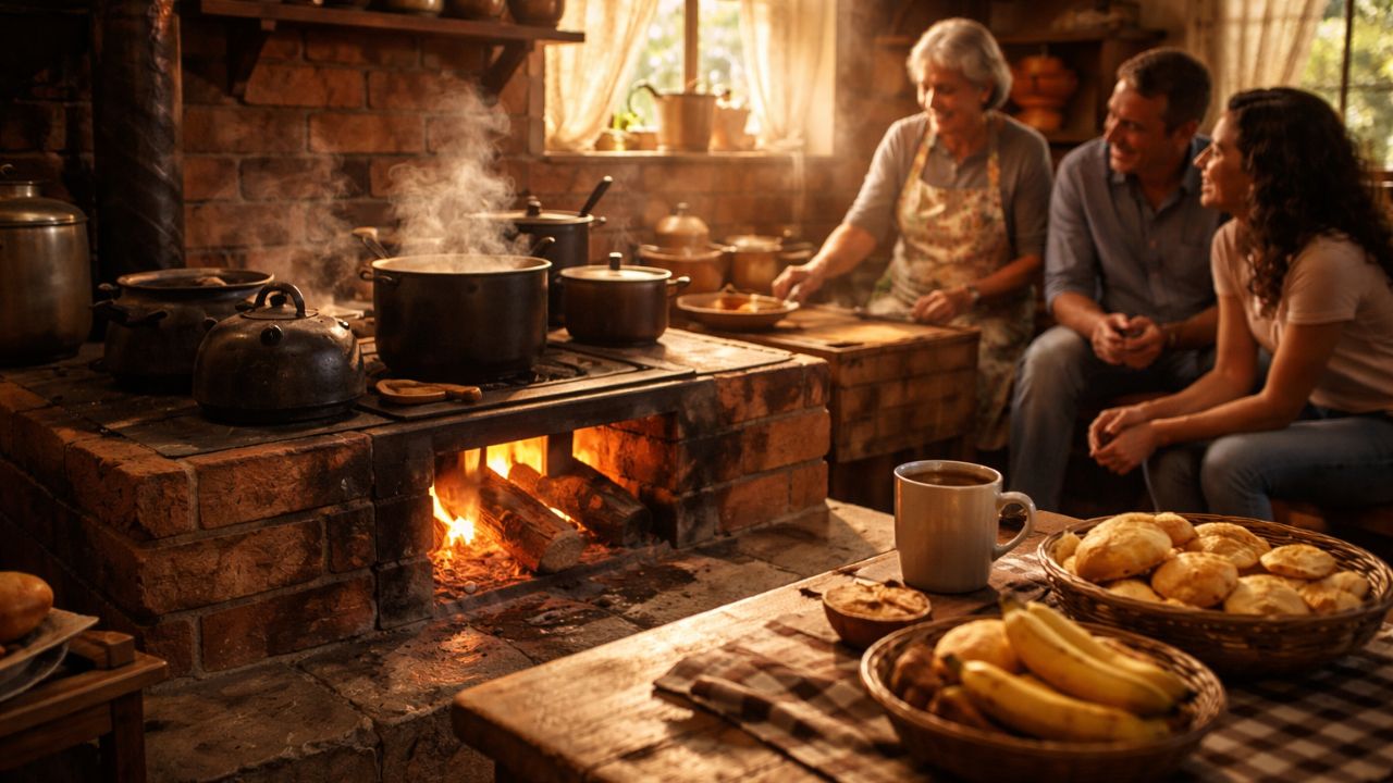 O fogão a lenha era daquelas presenças simples que mudavam o clima da casa inteira