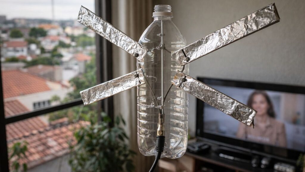 Essa garrafa plástica ganhou nova função em uma antena caseira simples e curiosa