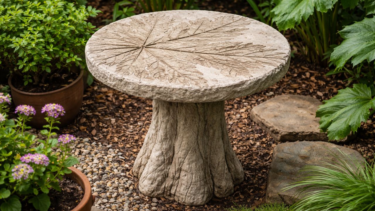 A mesa de cimento com textura natural que transformou um cantinho do jardim com muito charme