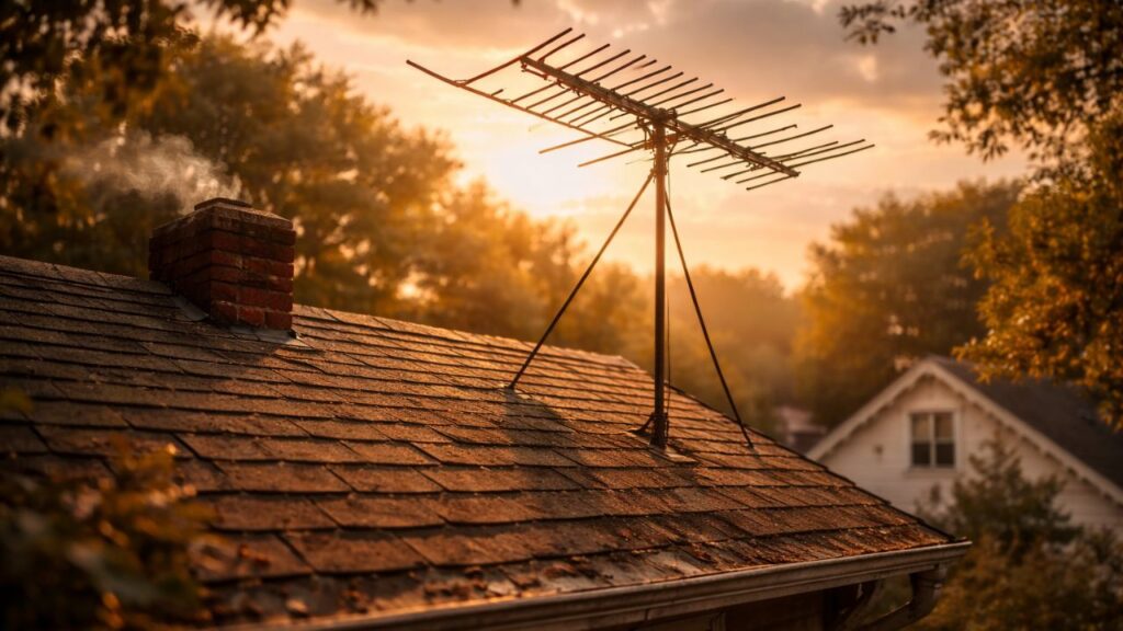 A antena de TV no telhado era comum e fazia parte da paisagem de quase toda casa