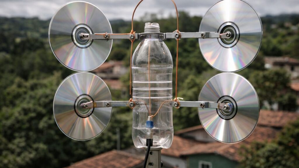 Essa ideia com CDs antigos e garrafa plástica criou uma antena caseira bem curiosa