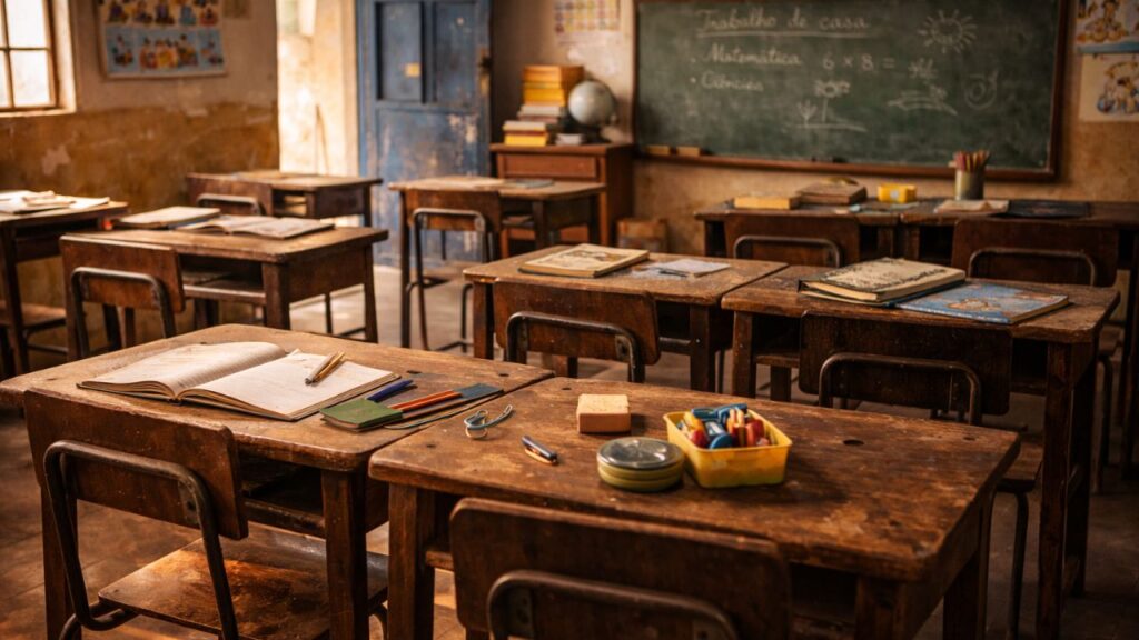 Carteiras de madeira faziam parte de uma rotina escolar simples que marcou muitas gerações