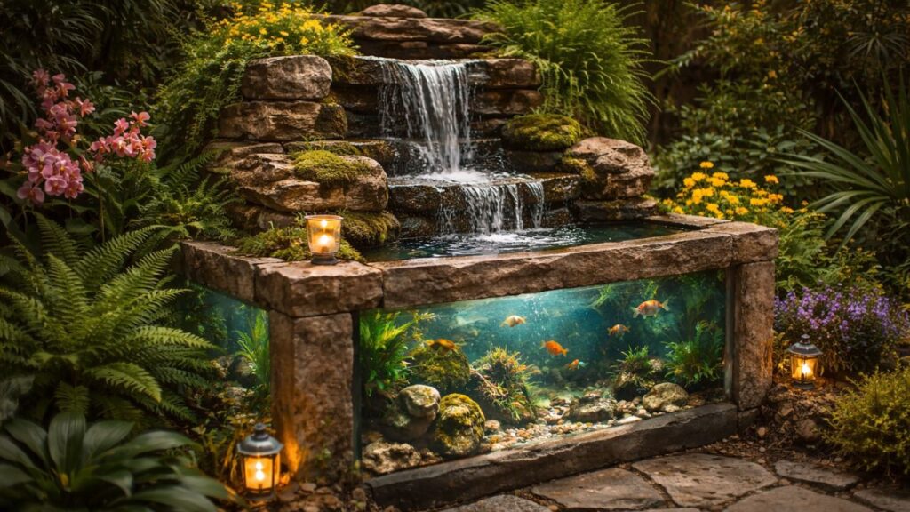 Um projeto de aquário com cascata pode mudar o visual do jardim de um jeito encantador