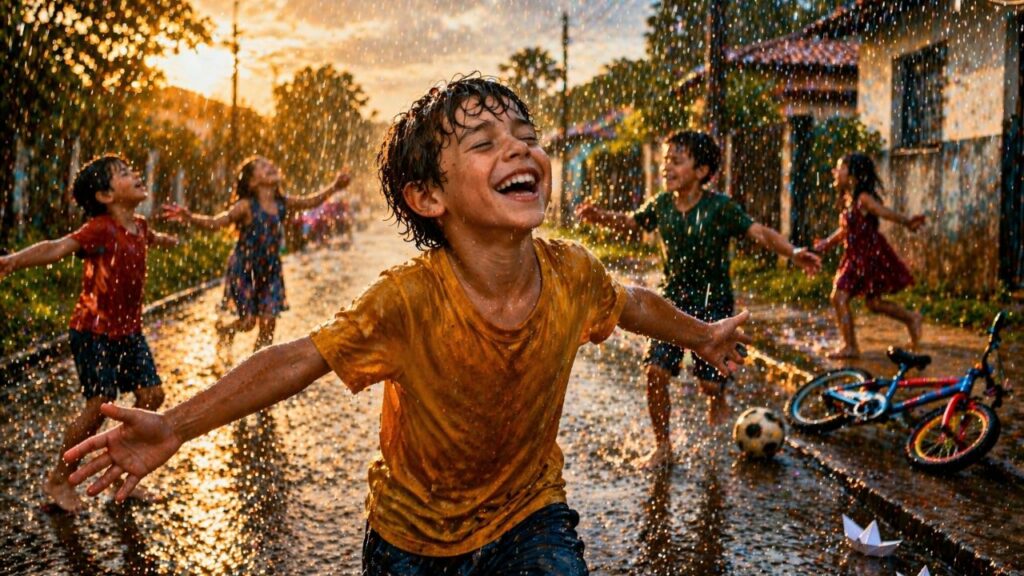 Brincar na chuva sem preocupação era normal em uma infância que hoje parece distante