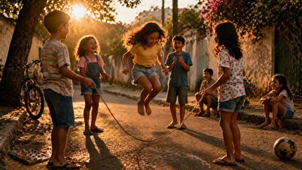Brincadeiras como pular corda em grupo reuniam todos e viravam momentos inesquecíveis
