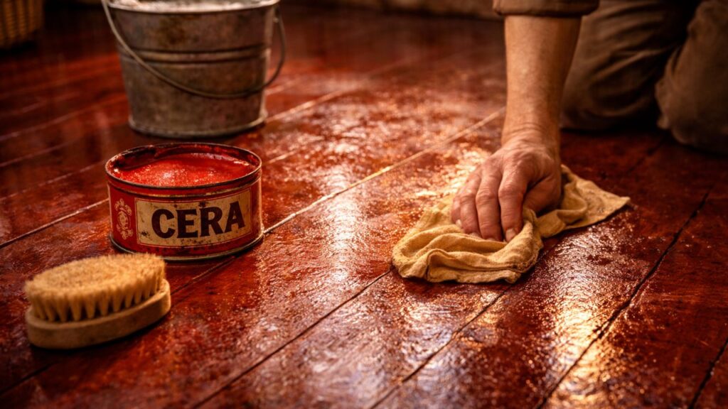 A cera vermelha no chão marcou uma época em que cuidar da casa era quase um ritual diário