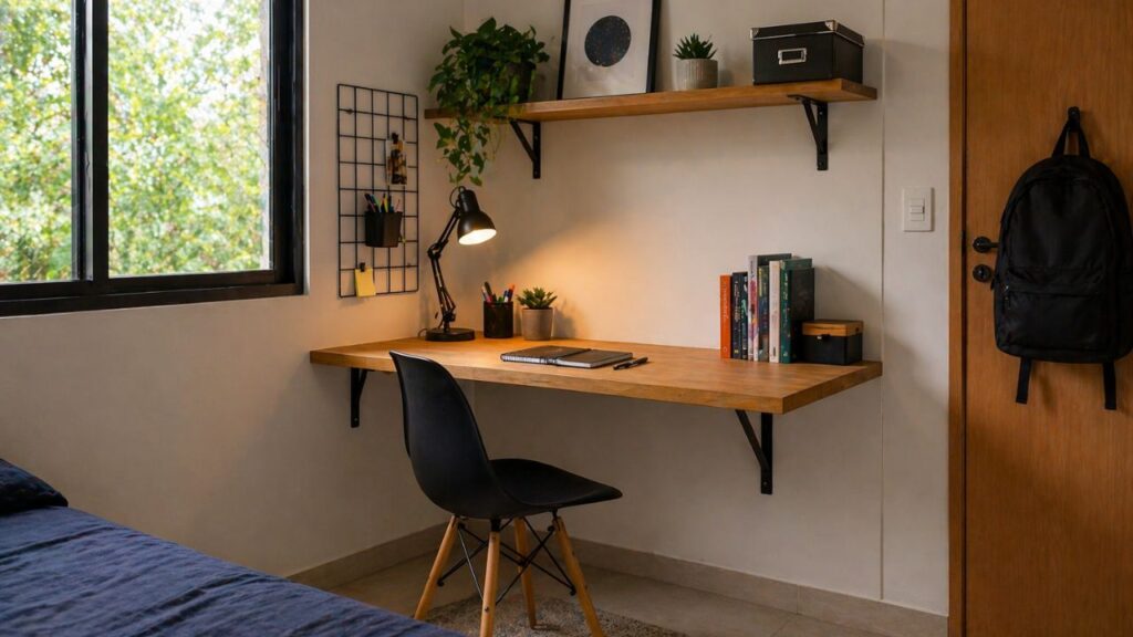 Esse modelo de bancada ajuda a estudar melhor sem ocupar demais o quarto