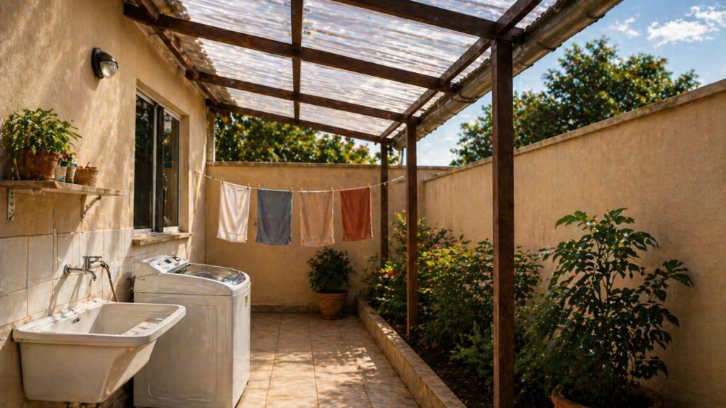A cobertura simples para lavanderia que protege da chuva e evita gastar com estrutura pesada