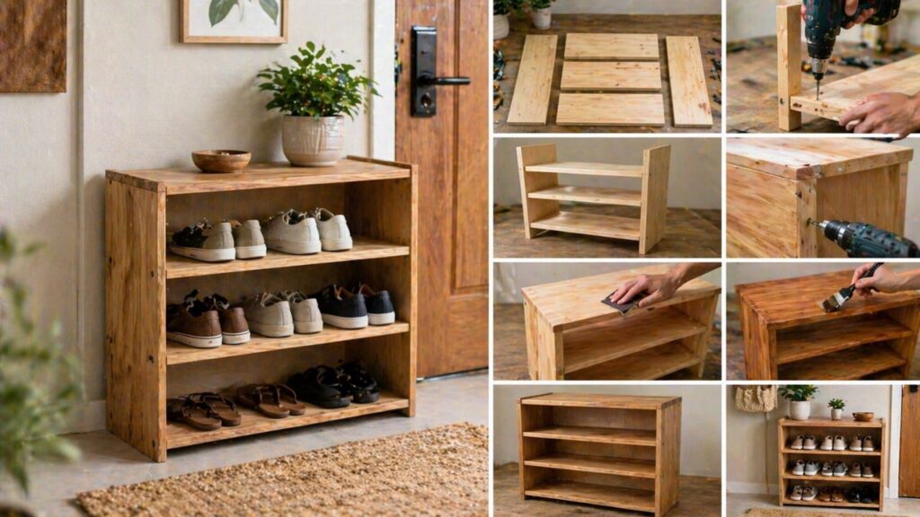 Essa sapateira simples de madeira organiza os sapatos e melhora a entrada sem pesar no ambiente