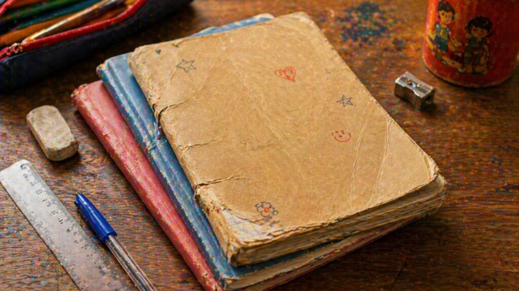 Materiais escolares usados até o fim lembram uma infância simples de caderno encapado com papel