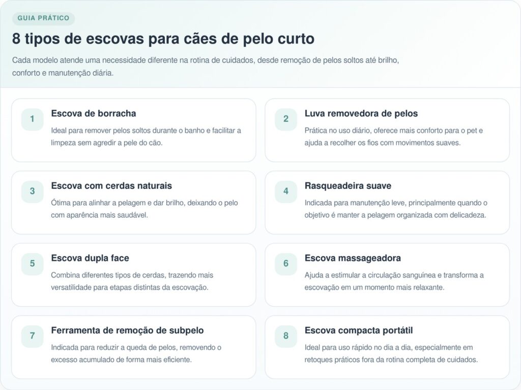 Diferentes tipos de escovas que ajudam a remover pelos soltos e manter a pelagem saudável
