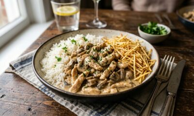 Misture frango, ketchup, mostarda e creme de leite e faça um strogonoff cremoso e delicioso