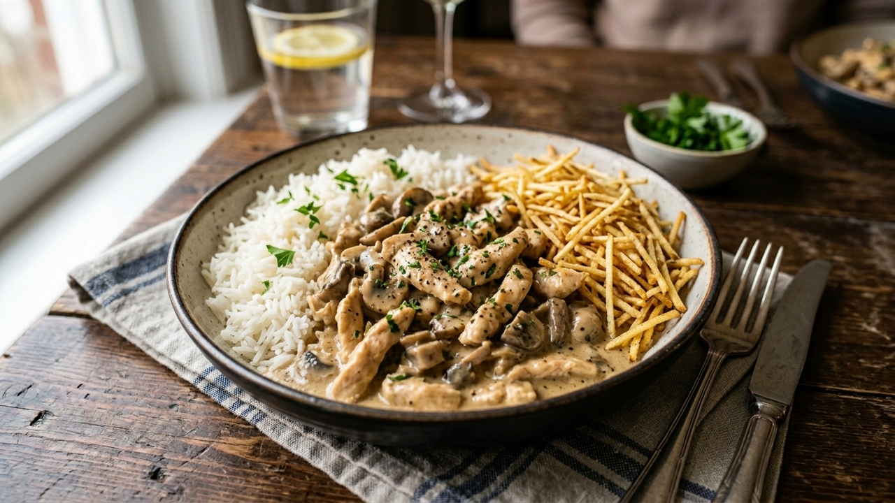 Misture frango, ketchup, mostarda e creme de leite e faça um strogonoff cremoso e delicioso