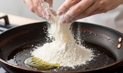 "Usei farinha porque ouvi dizer que é bom para tirar o óleo das frigideiras." Venho fazendo isso o tempo todo e faz toda a diferença na cozinha