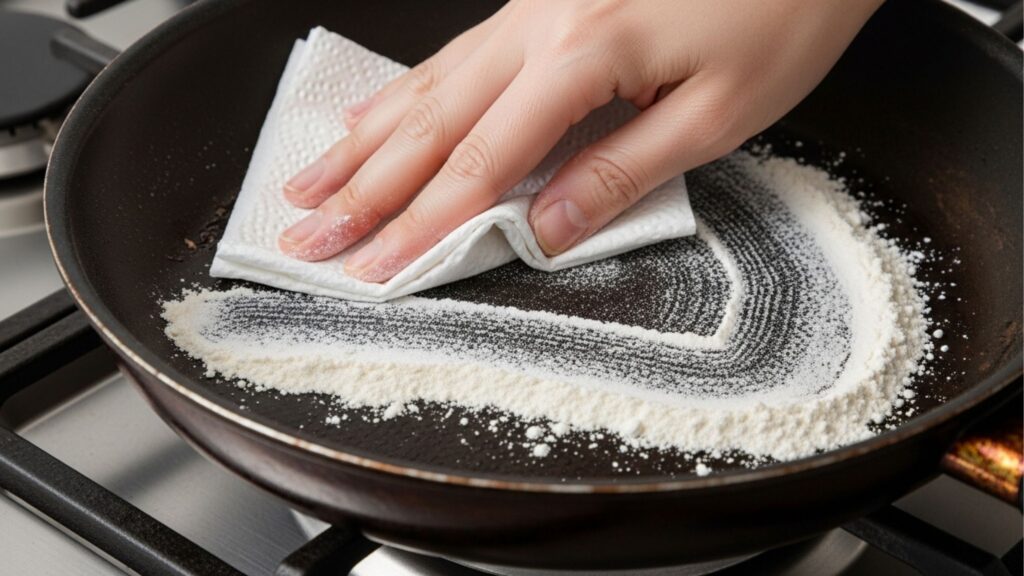 "Usei farinha porque ouvi dizer que é bom para tirar o óleo das frigideiras." Venho fazendo isso o tempo todo e faz toda a diferença na cozinha
