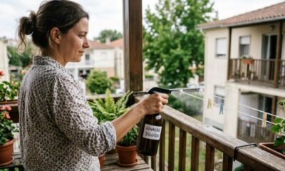 Mulher borrifa "VINAGRE DILUIDO" de um spray em plantas na varanda.