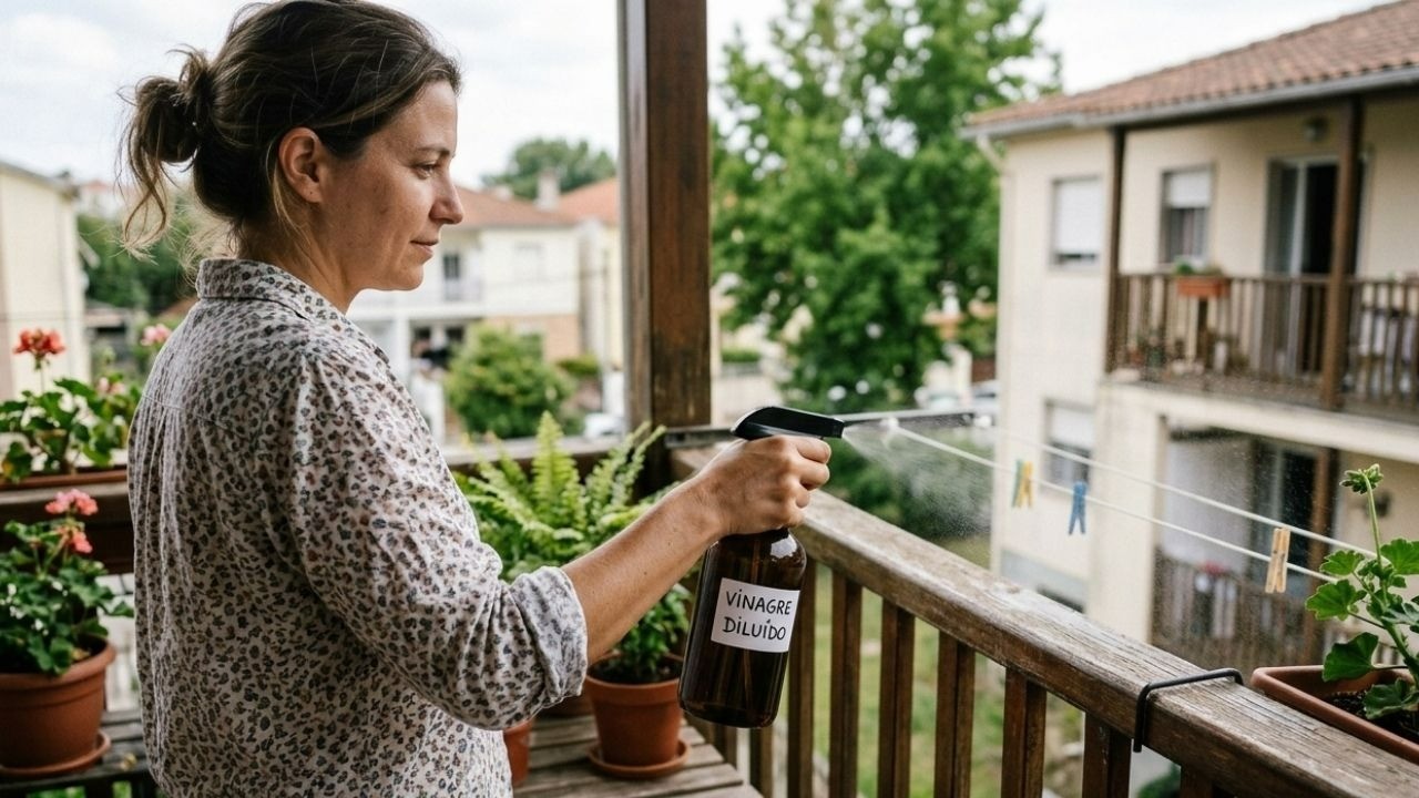 Mulher borrifa "VINAGRE DILUIDO" de um spray em plantas na varanda.
