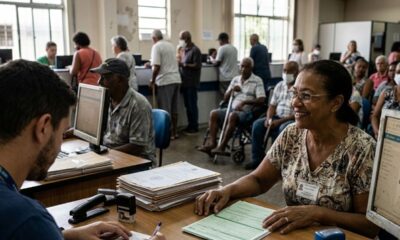Mulher idosa sorridente interage com atendente em balcão, com outras pessoas ao fundo.