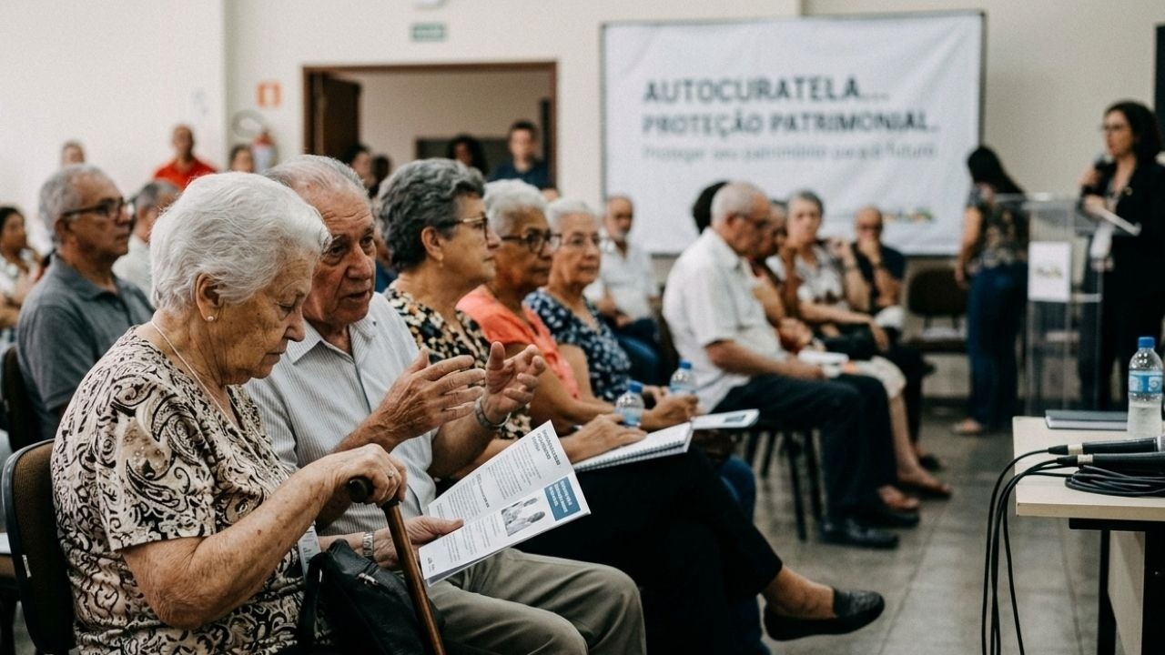 Idosos assistem a uma palestra sobre autocuratela e proteção patrimonial, com banner visível ao fundo.