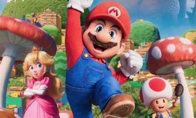 Mario, Princesa Peach e Toad, animados, em paisagem colorida do Reino Cogumelo.
