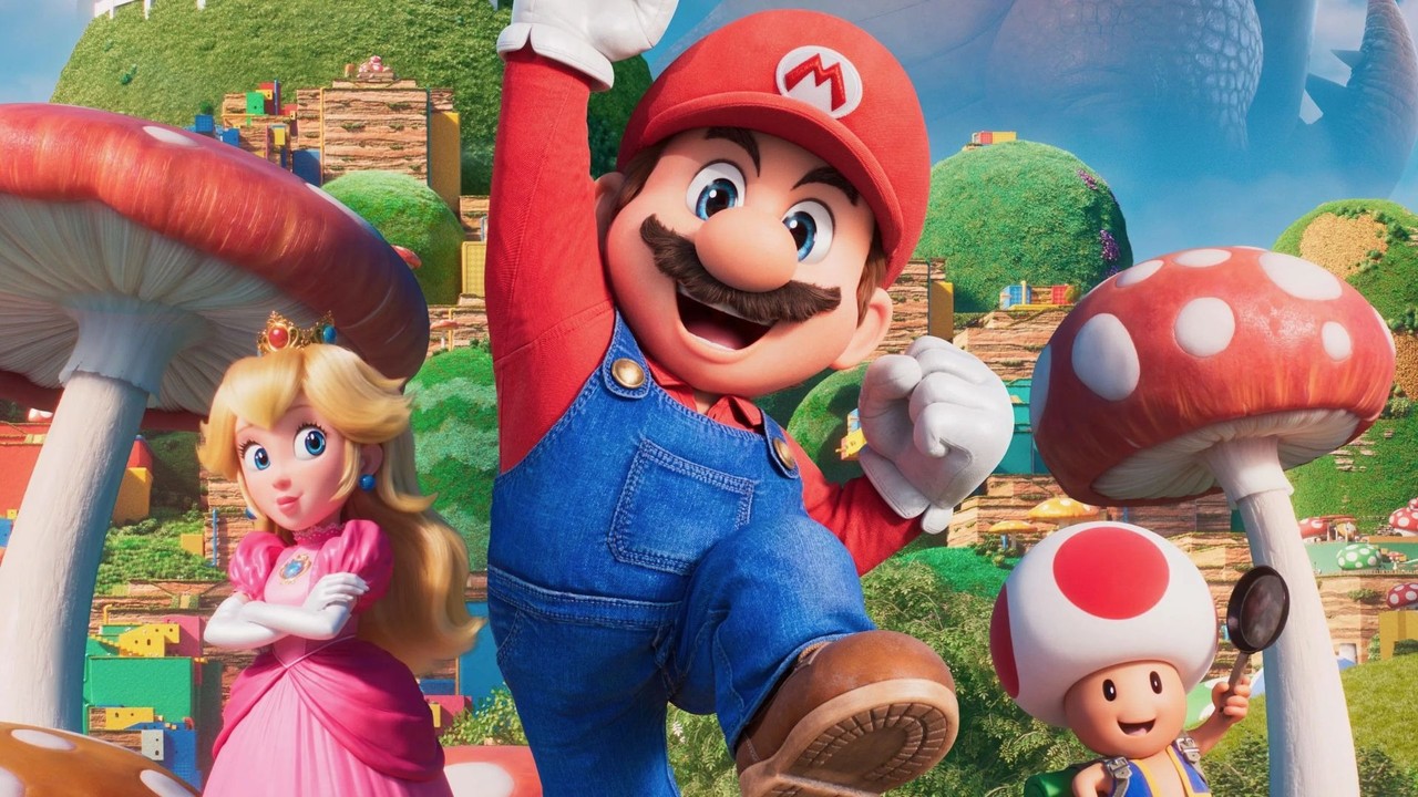 Mario, Princesa Peach e Toad, animados, em paisagem colorida do Reino Cogumelo.