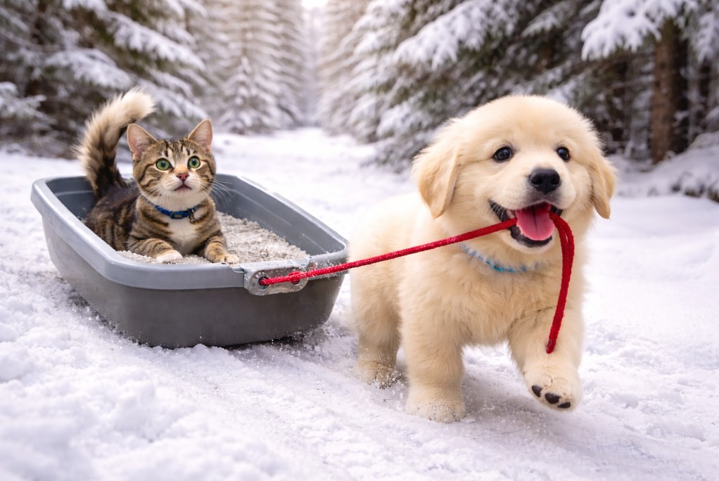Esse cachorro obcecado pela neve vê gato na caixa de areia e decide que agora é um trenó